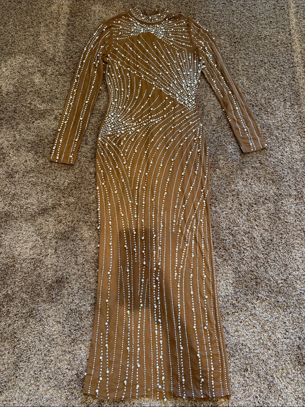 Banjul Tan Long Sleeve Crystal-Embellished Evening Gown